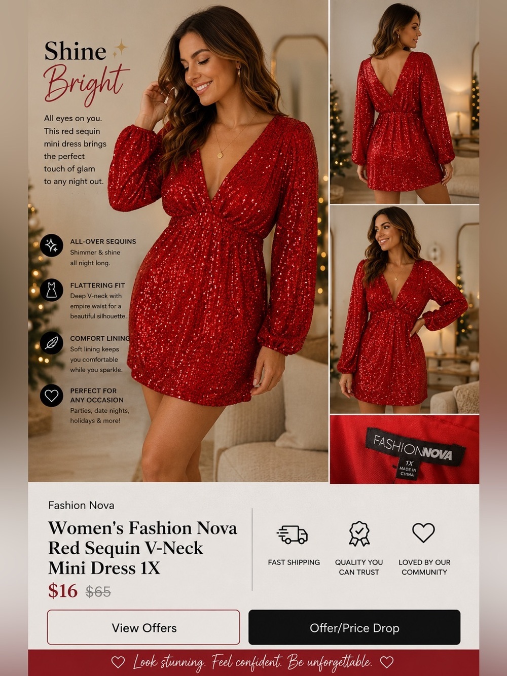 Women's Fashion Nova Red Sequin V-Neck Mini Dress 1X